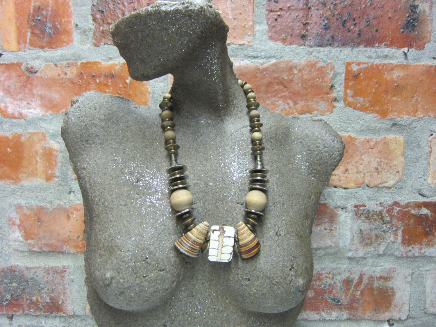 African Beaded Necklace - Handmade by South African artist Yoka Wright using Wood backed Bone Beads, Chunky, African ethnic beads
