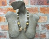 African Inspired Beaded Necklace, Wood Backed Bone Beads, Ethnic, Handmade, Chunky, Wooden Beads,