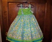 FREE SHIPPING for Girl's Dress in Vibrant Lime Green and Turquoise Fits Size 5 to 6 Dress, Professional Detailing
