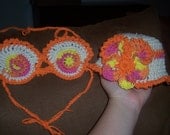 Bright colored Crochet baby girl beach hat and bikini top - 0 to 6 months - pansy flower