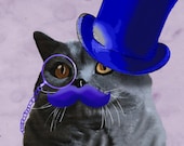 Grey Cat 14x11 With Blue Top Hat and Moustache Digital Painting mustache cat print cat art cat painting