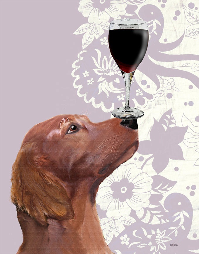 Dog Au Vin 8X10 Art Poster Original Illustration Mixed Media Digital Print Red Setter dog print dog painting wine glass wall art