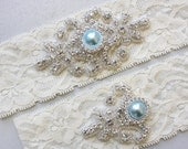Best Seller - RACHEL II - Blue Pearl Wedding Garter Set, Vintage Ivory Lace Garter, Rhinestone Crystal Bridal Garter, Something Blue