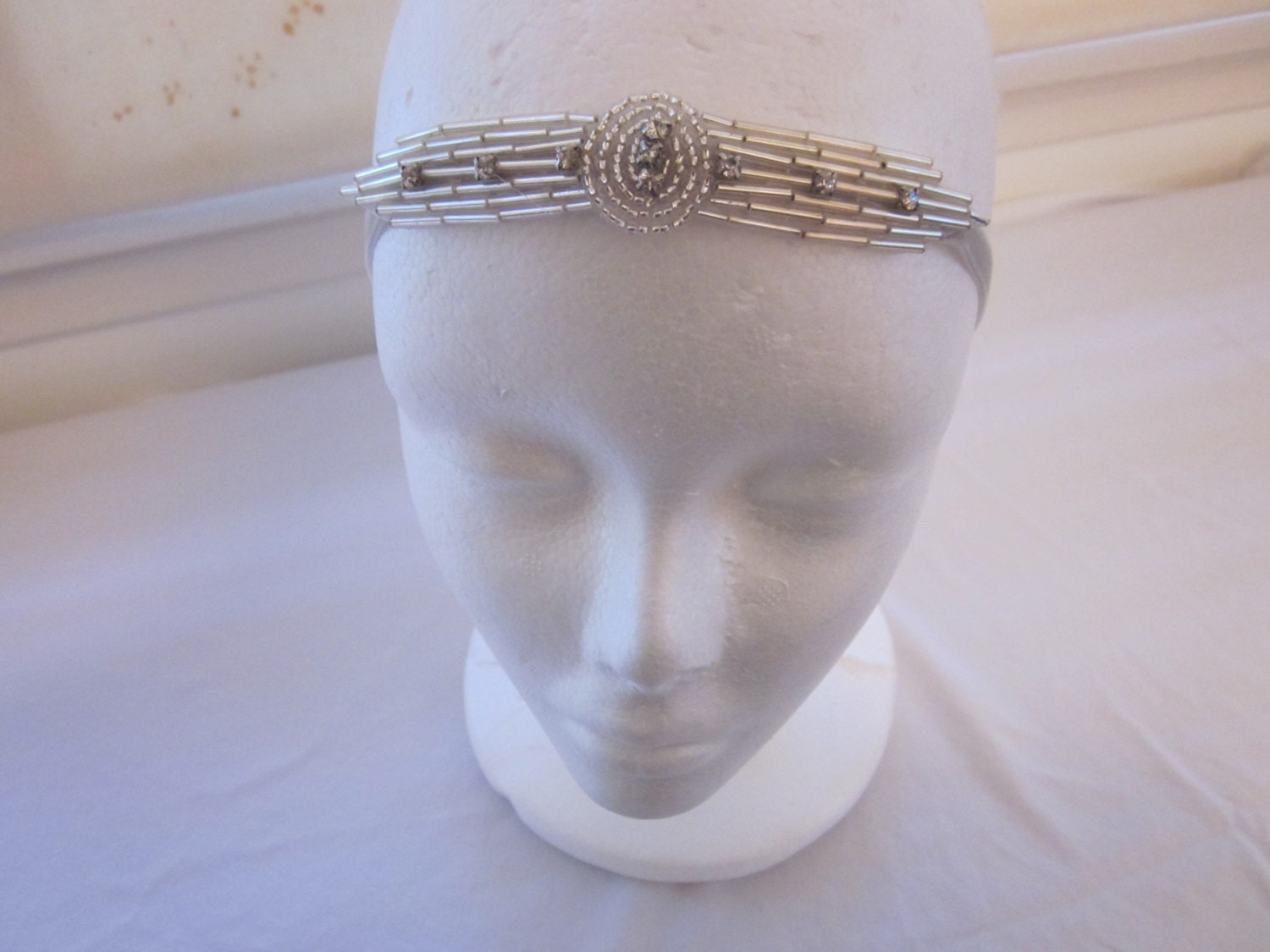 Silver Fascinator 1920s Headband Headpiece Downton Abbey Lady Mary Wedding Party Flapper Gray Swarovski Crystals by Gotham City Style