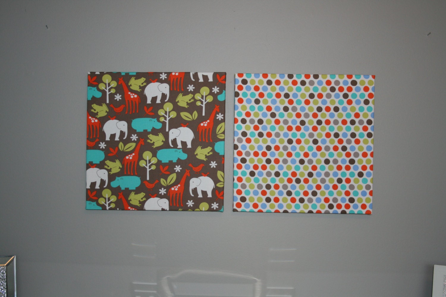 Nursery - Toddler - Wall Hanging - Set of 2 - 14" x 14" - Jungle Animals and Dots - Turquoise - Lime - Orange - Boys Bedroom - Modern Decor