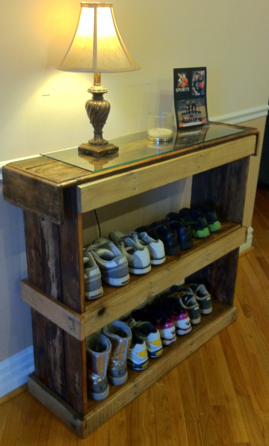 Rustic reclaimed pallet furniture shoe shelf book case storage unit
