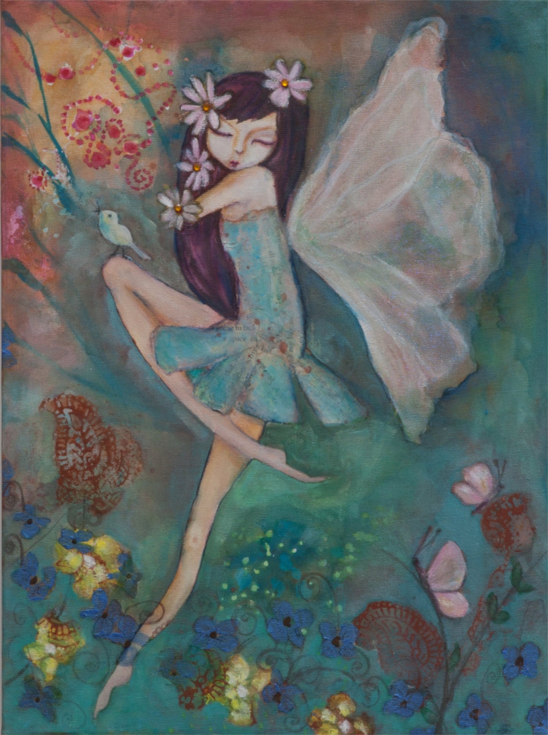 Fairy Secret - Mixed Media Original Painting using acrylic and mixed media on 16" x 12" canvas
