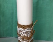 White Pillar Candle with Burlap and Lace Detail