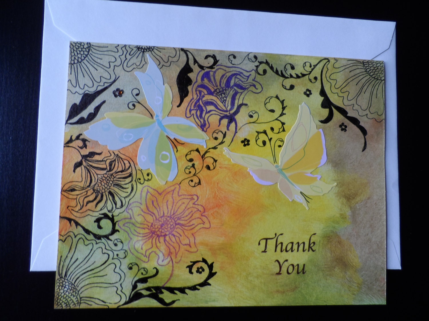 Handmade, Original Hand painted  'Butterfly Garden'  "Thank You" Greeting Card