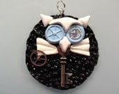 Blue & White Steampunk Owl Pendant with Silver Necklace