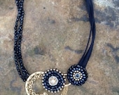 Gold and Black Crystal Beaded Necklace Handmade in Turkey, Brass layered in 24k Gold Plating.