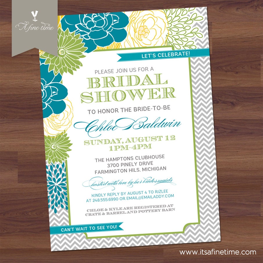 Bridal Shower Invitation - Modern Chevron Floral - Vintage Typography - Teal, Lime, Green, Yellow (DIY Digital Printable)