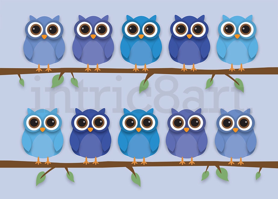 Cute Blue Owls on branches 5 x 7 print