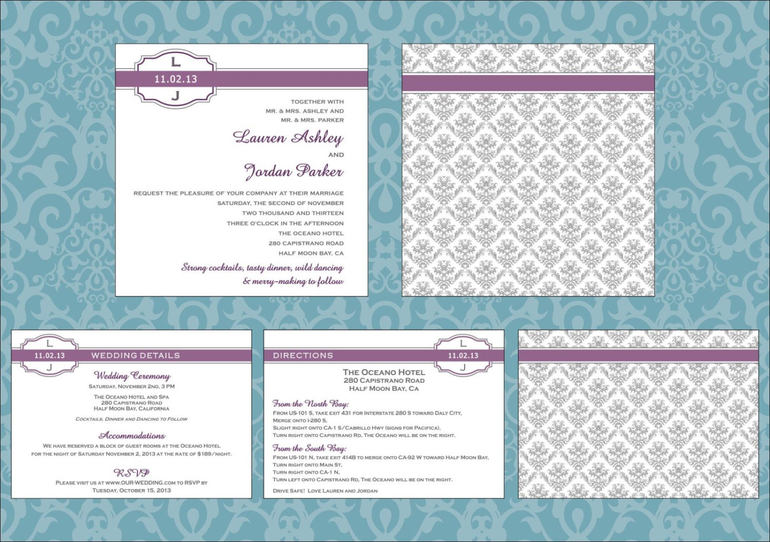 Damask Wedding Invitation Suite Set - Printable PDF, Custom: Vintage & Romantic