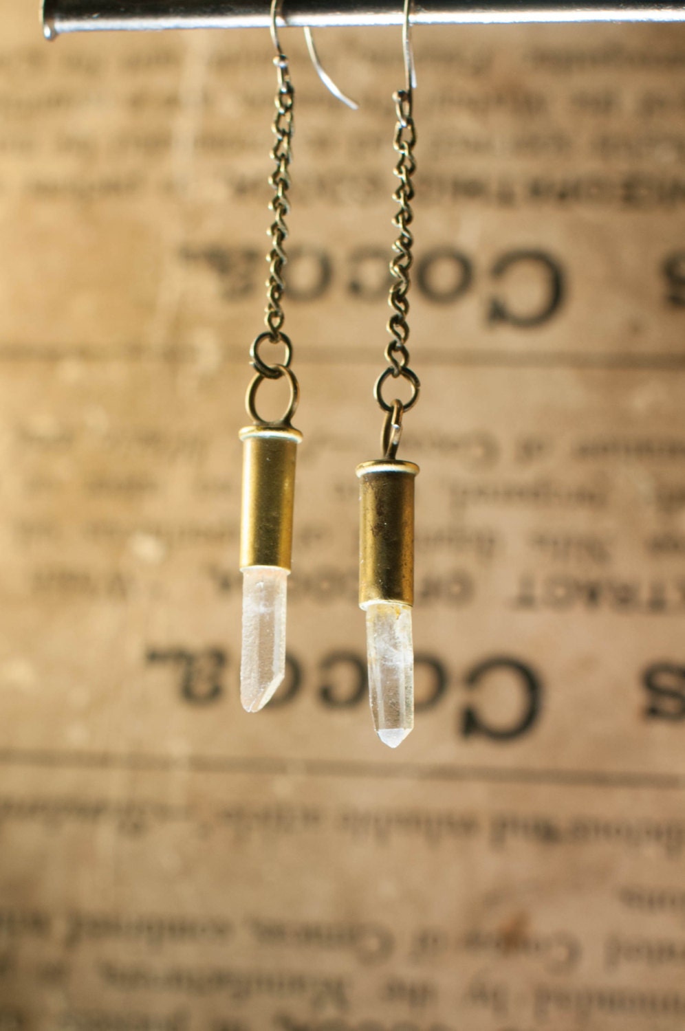 Bonnie and Clyde Quartz Crystal, Recycled Brass .22 Bullet Casing Earrings