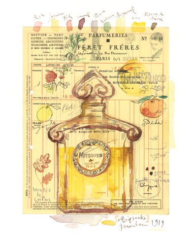 Mitsouko Guerlain perfume bottle watercolor illustration on vintage french journal, 8X10 art print, Fashion illustration, Paris, gold