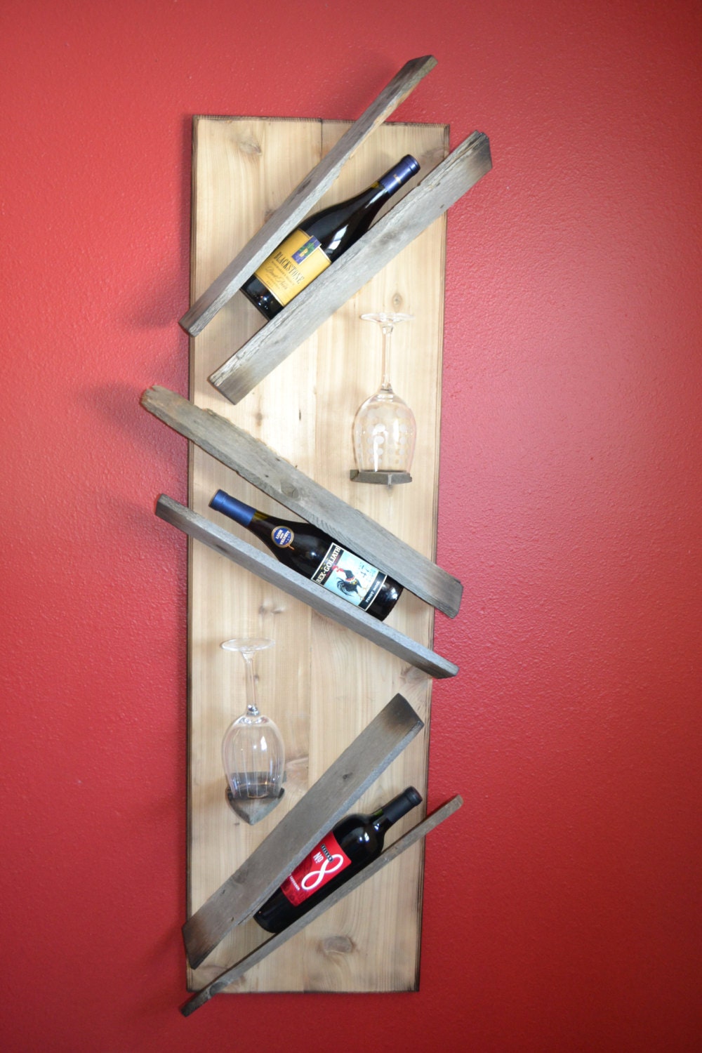 Handmade, One of a Kind, Rustic, Wall Hanging, Triple Bottle, Double Glass, Wine / Wine Glass Rack