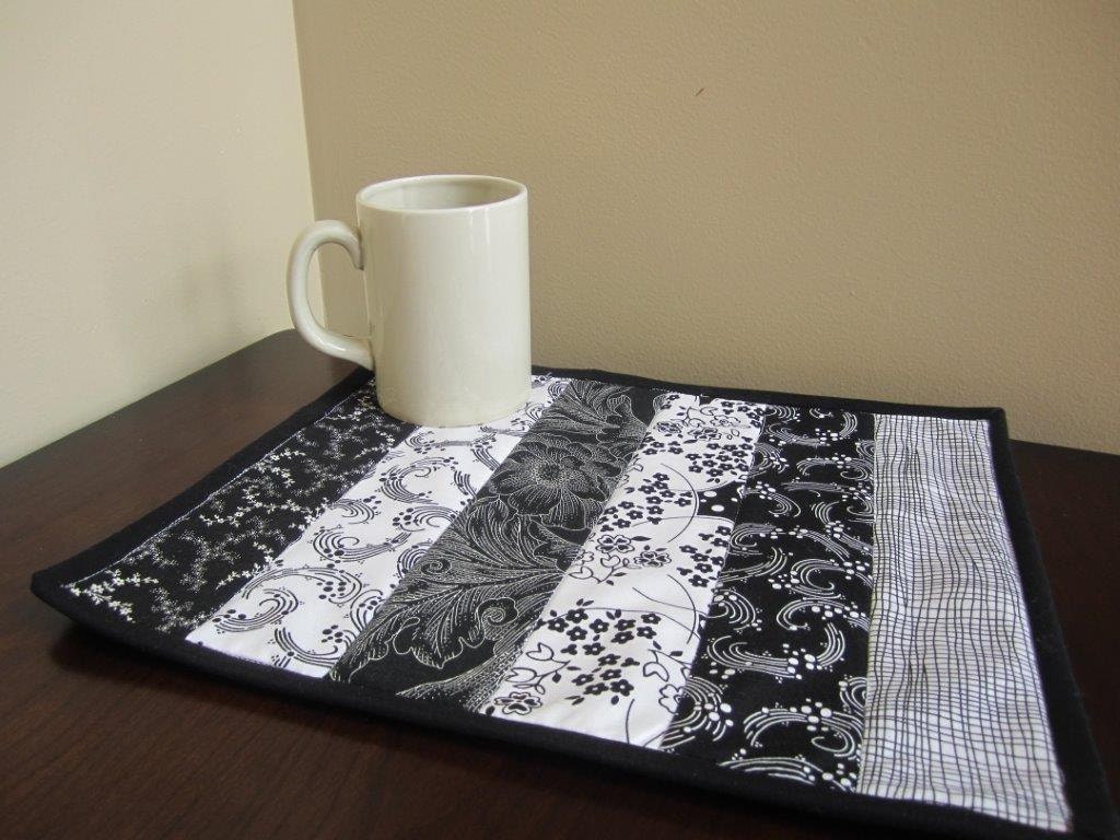 NEW handmade Quilt Mug Rug, Snack or Candle Mat in Black & White demask fabric for home or office