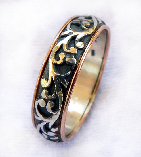 Wedding ring 3D bullet-shaped flowers oxidized srerling silver and 9k red gold ring- ilanamir
