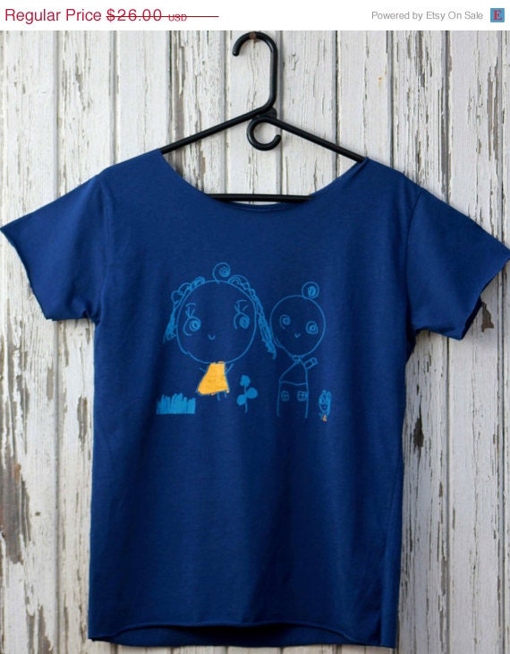 Yellow Dress Girl,artistic clothing, blue women's t shirt, children's artwork, naïve art graphic tees for women, silk print shirt.