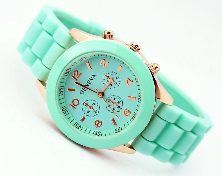 Mint green silicone Geneva women's watch - HelmaRose