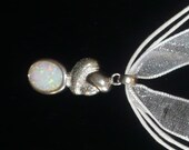 White Organza Ribbon and Cord Necklace with Sterling Silver White Opal Pendant