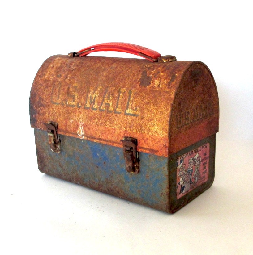 Rustic Vintage U.S. Mail LUNCH BOX with Old Stickers and Plastic Handle - LightsLeftOn