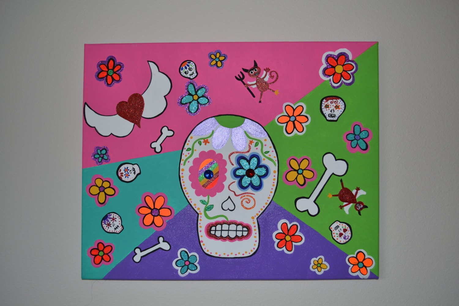 Skull - Calavera - Dia de Muertos. 16x20 Acrylic on Canvas, Original Painting, Kids Art, Nursery, Contemporary Art, Modern Bright Colors