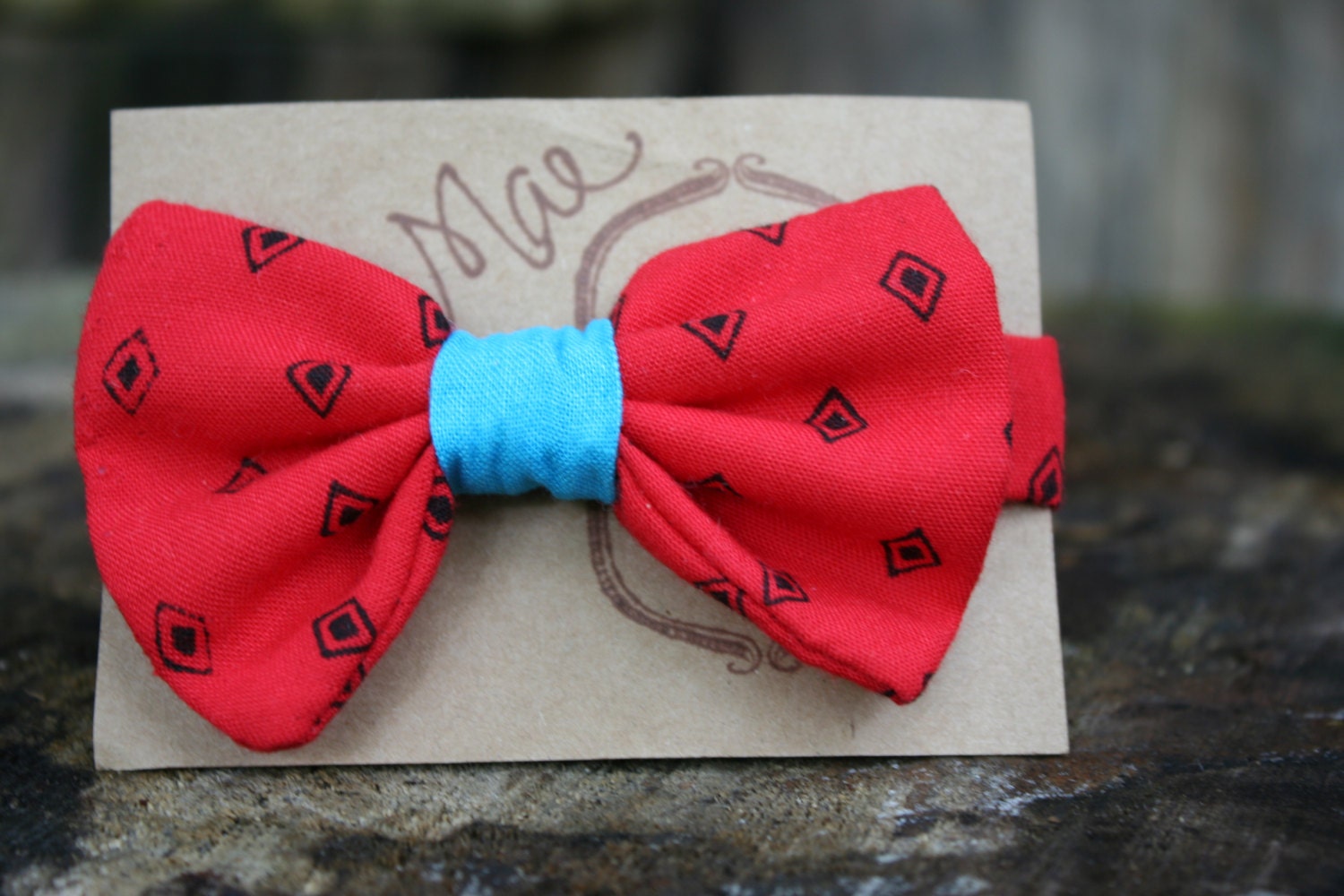 Boys bow tie in red with black diamonds and bright blue center-One size adjustable