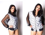 90s Vintage Black and White Sheer Sleeve Clueless Graphic Daisy Bomber Jacket 00143s