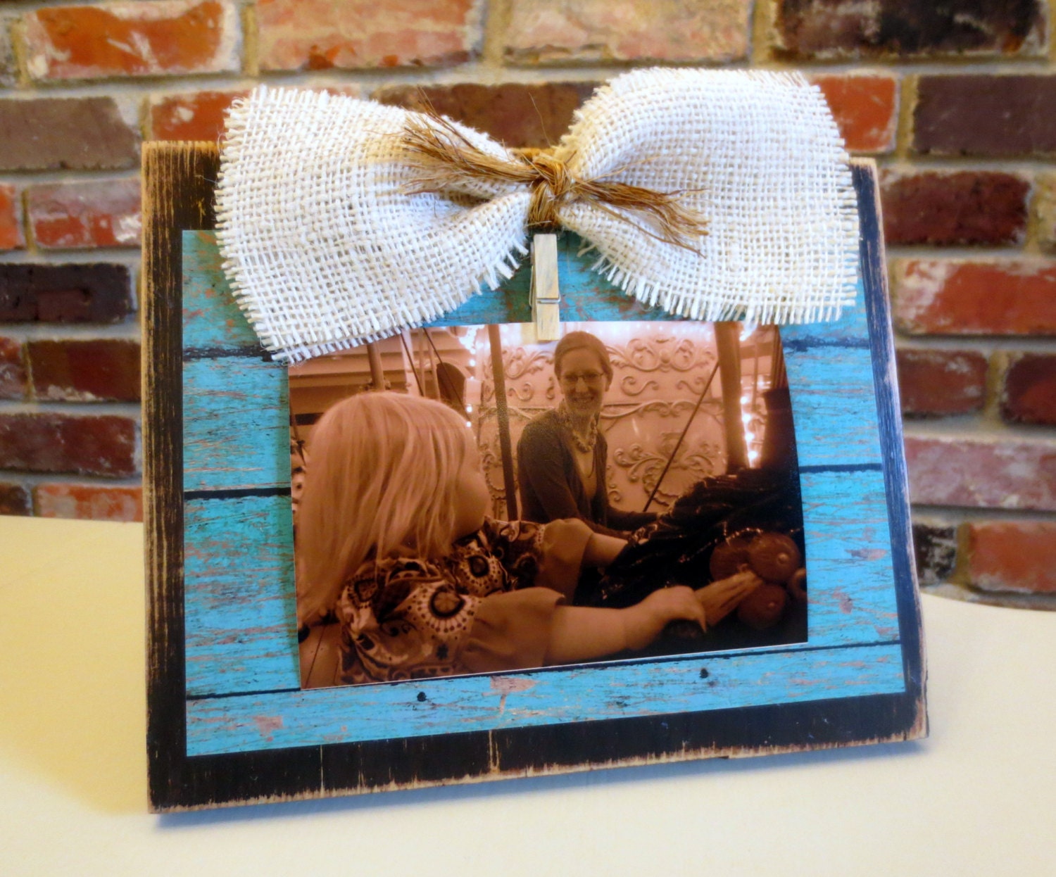 Teacher Gift- Rustic Distressed Shabby Chic Turquoise Wood Picture Frame with Burlap Bow