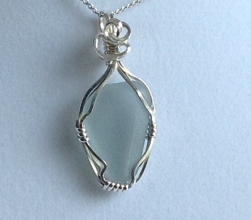 Genuine Grey Blue Sea Glass Pendant Wire Wrapped in Sterling Silver
