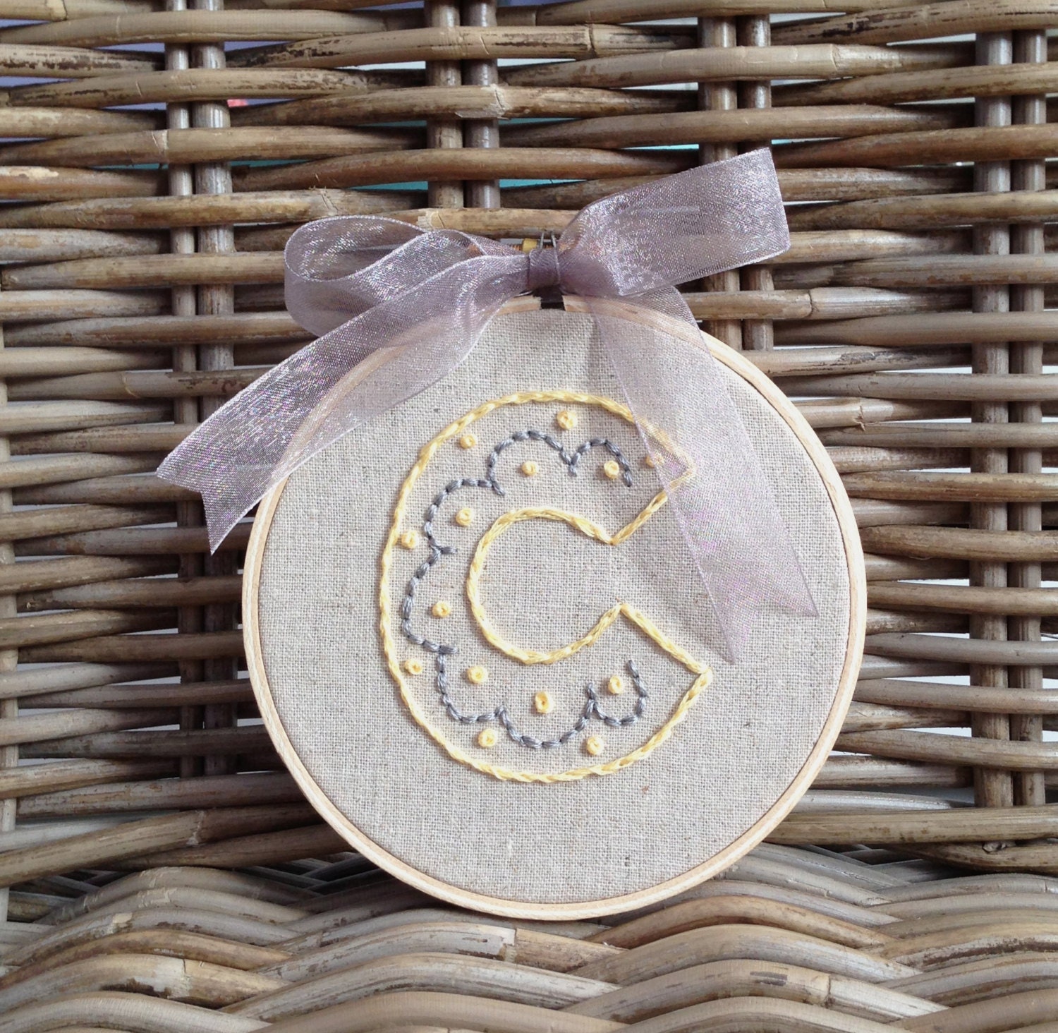 Made To Order, Hand Embroidery Custom Keepsake Letter, Initial, Number, Embroidery Hoop Wall Art, 4" Hoop, Eco-Felt Covered Back