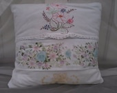 Shabby chic decorative pillow made from salvaged vintage linens-vintage pilowcases-repurposed retro tea towels