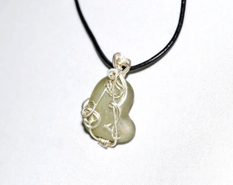Sea Glass Pendant, Sea Glass Necklace, Wire Wrapped Pendant, Lake Erie Beach Glass on Leather Cord