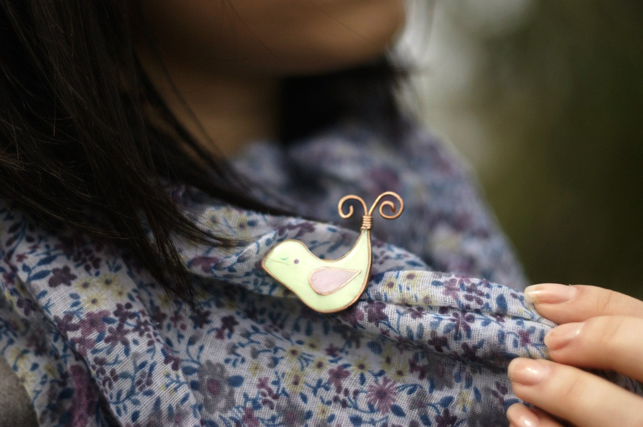 Bird Brooch of  Green mint Polymer clay and copper wire