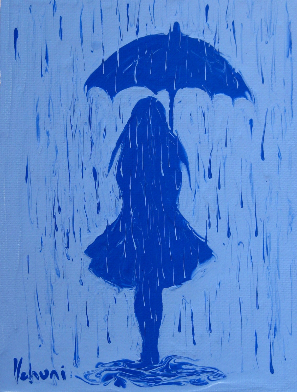 Alone in the Rain - Original Semi-Abstract Miniature Painting on Canvas Board, Acrylic, 8"x6"