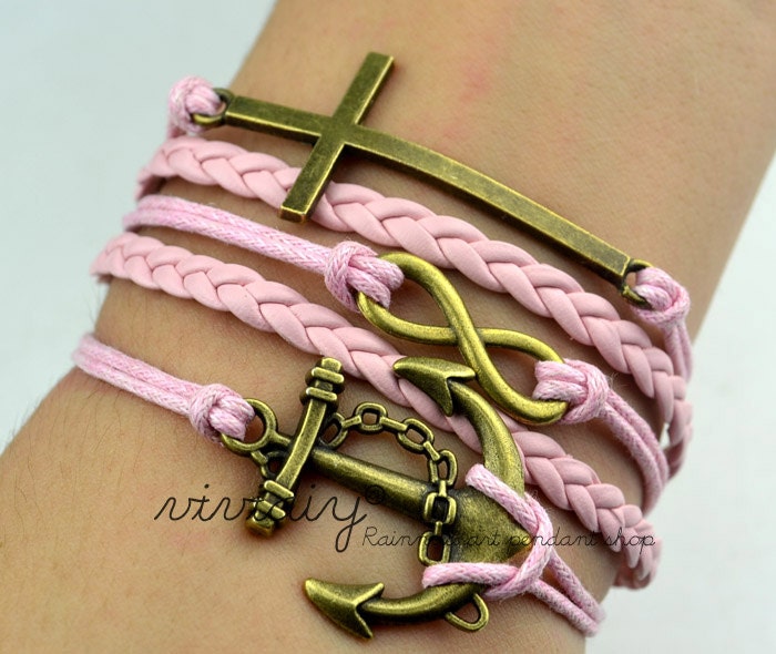 Cross bracelet-Infinity karma bracelet-Anchor bracelet-Pink wax rope leather braid handmade jewelry Personalized bangle girl friend gift