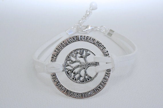 Silver Love Dream Hope Trust Circle Tree of Life Bracelet  Crisp White Faux Suede Leather Cord  Friendship  Charm Bracelet  Made in Canada