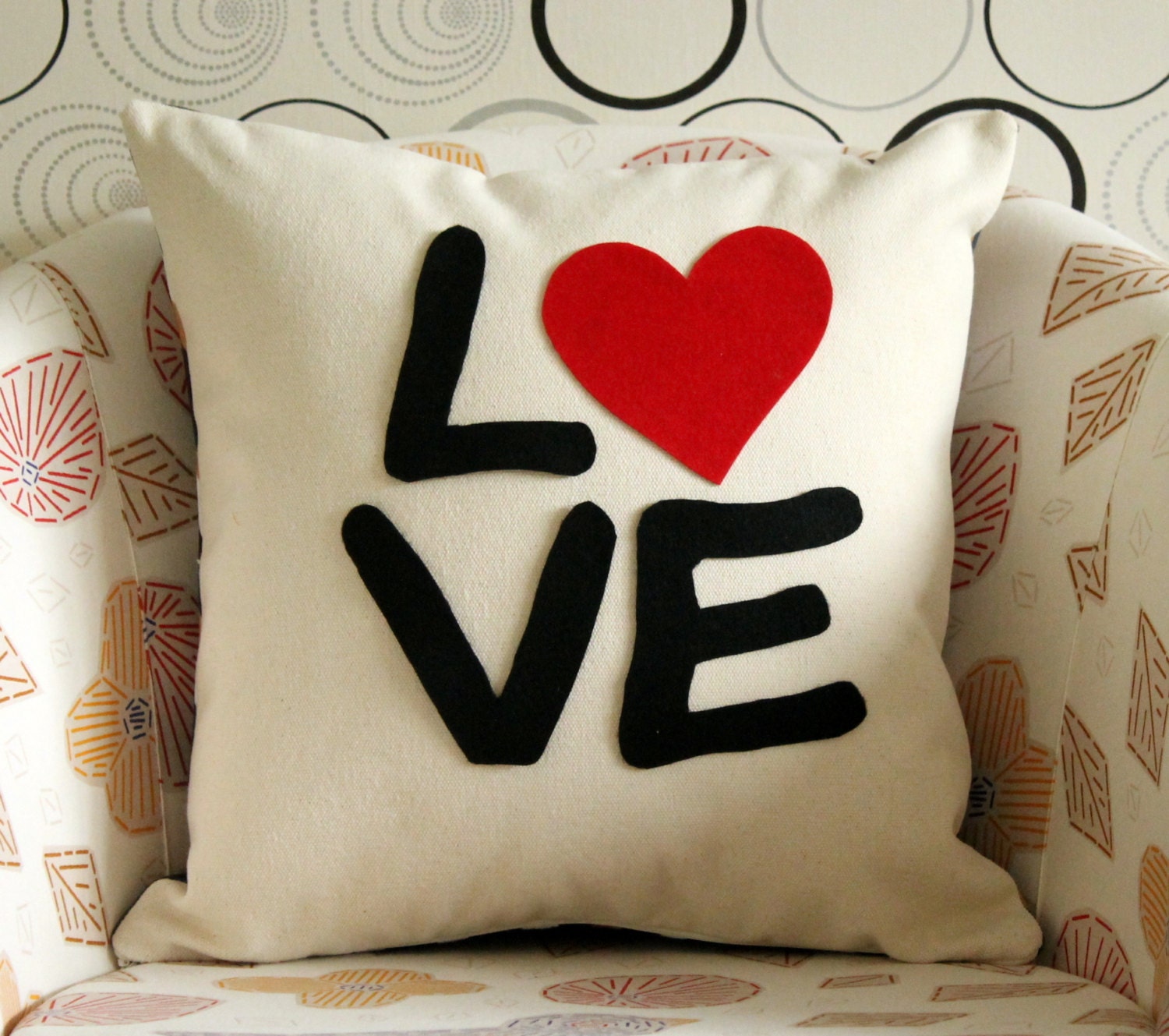 LOVE and Heart - pillow cover - Natural cream - black / red - Natural Fabric - Felt Applique - Home - 16"x16" decorative cover - living room