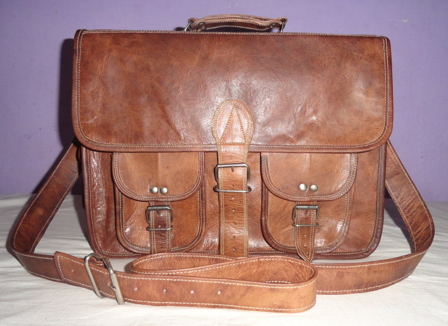Handmade Natural Leather Office Briefcase 15x11" Old School Fashion Briefcase College School Laptop Macbook Bag Mother's Day Gift
