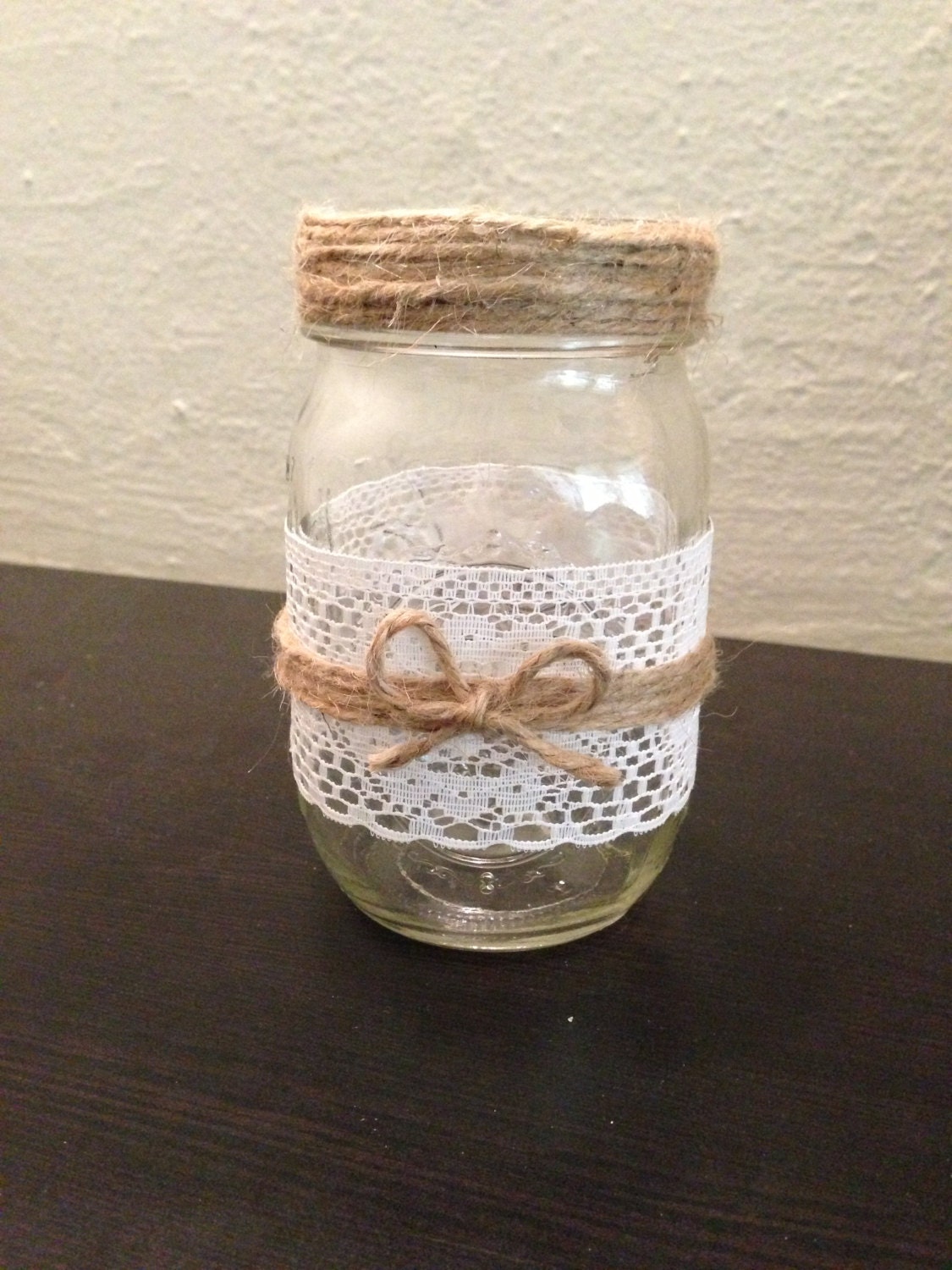 Lace and Twine Mason Jar Candle Holder or Vase for Rustic Wedding or Decor