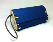 Model After-hours, number 356, clutch, wristlet, Monaco Blue 100% wool felt with brown leather wrist band FREE SHIPPING