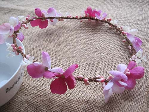 Pink flower hair circlet, bridal flower headpiece, flower hair wreath -  flower crown, wedding hair accessories