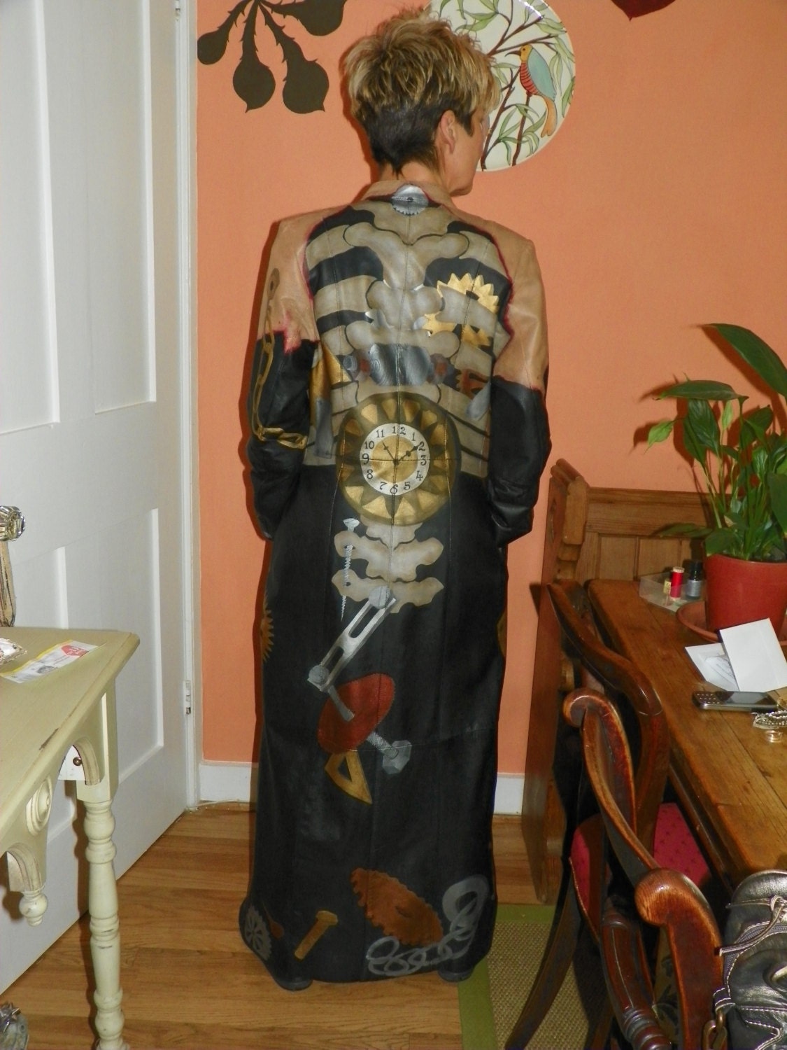 Goth, Cosplay, Altered Art, Steampunk Long Leather Coat. Unique, HAND PAINTED. Free UK shipping