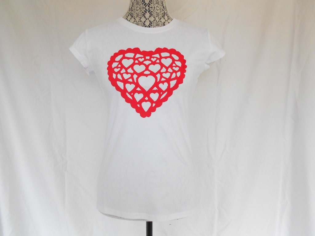 S - Lace / lacy heart hand made screenprinted t-shirt women SMALL red on white spring summer fashion
