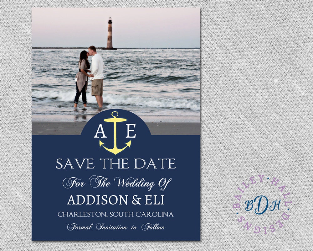 Preppy Nautical Navy Blue Save The Date Card - "Anchors Away Save the Date"