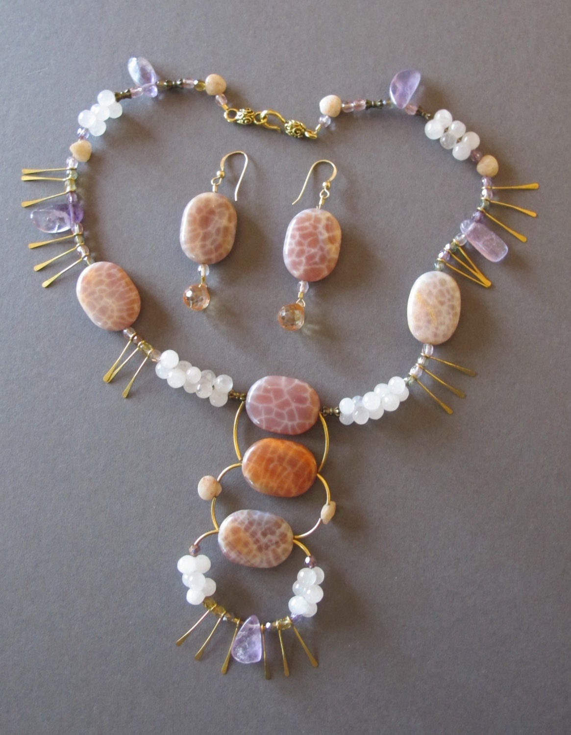 Necklace and matching earrings-- "Fire Cracked Agate"--semi precious stones