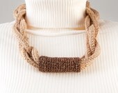 Handmade Crocheted Necklace. Crochet Accessories. Beige Brown Cotton Necklace With Gold Lurex Thread. Crocheted Jewelry