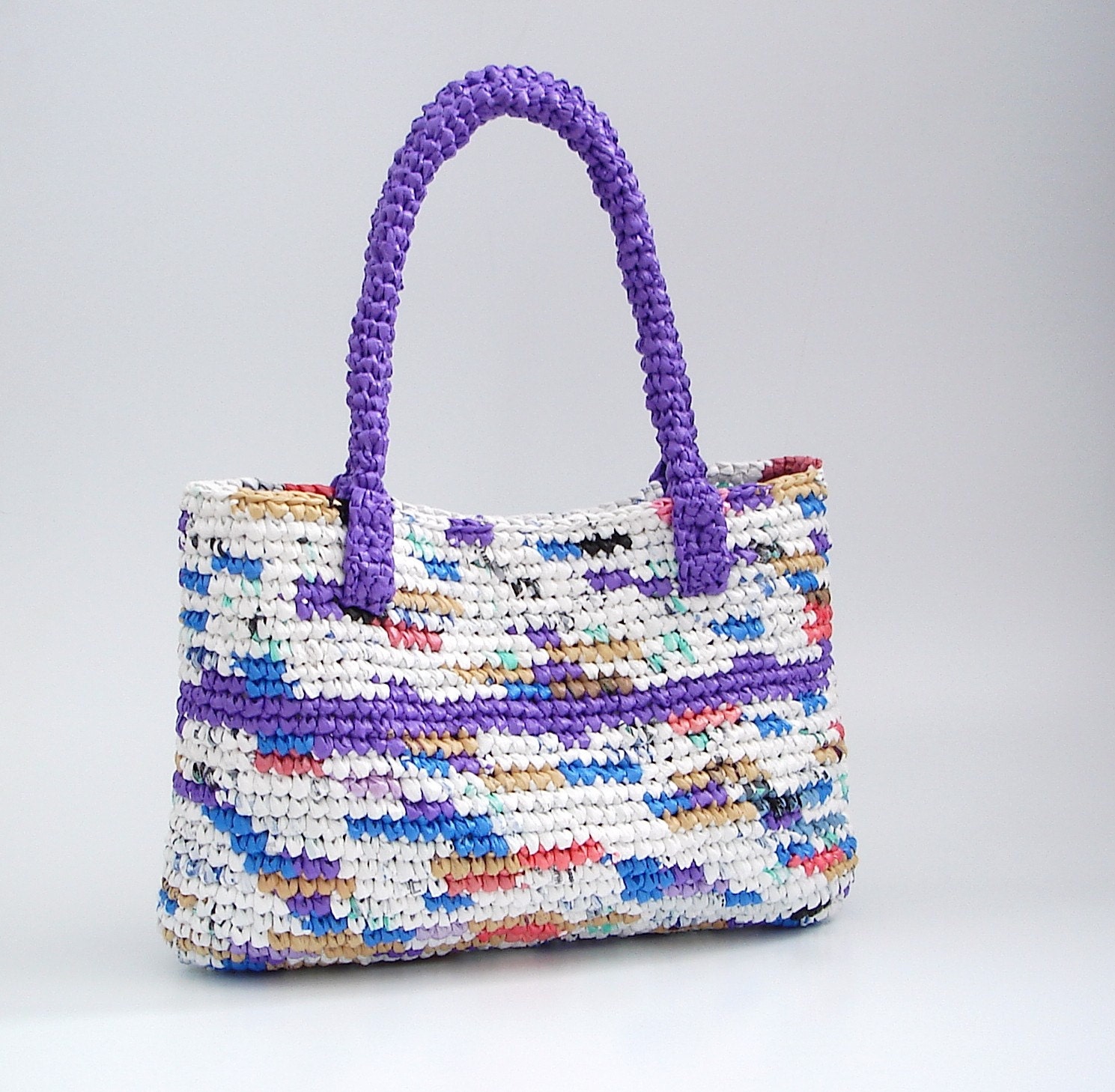OOAK Multicolor Eco Friendly Tote Bag, Crocheted Handbag, Summer Bag, Beach Bag, Shoulder Bag, Everyday Bag, Market Bag, Crocheted Plarn